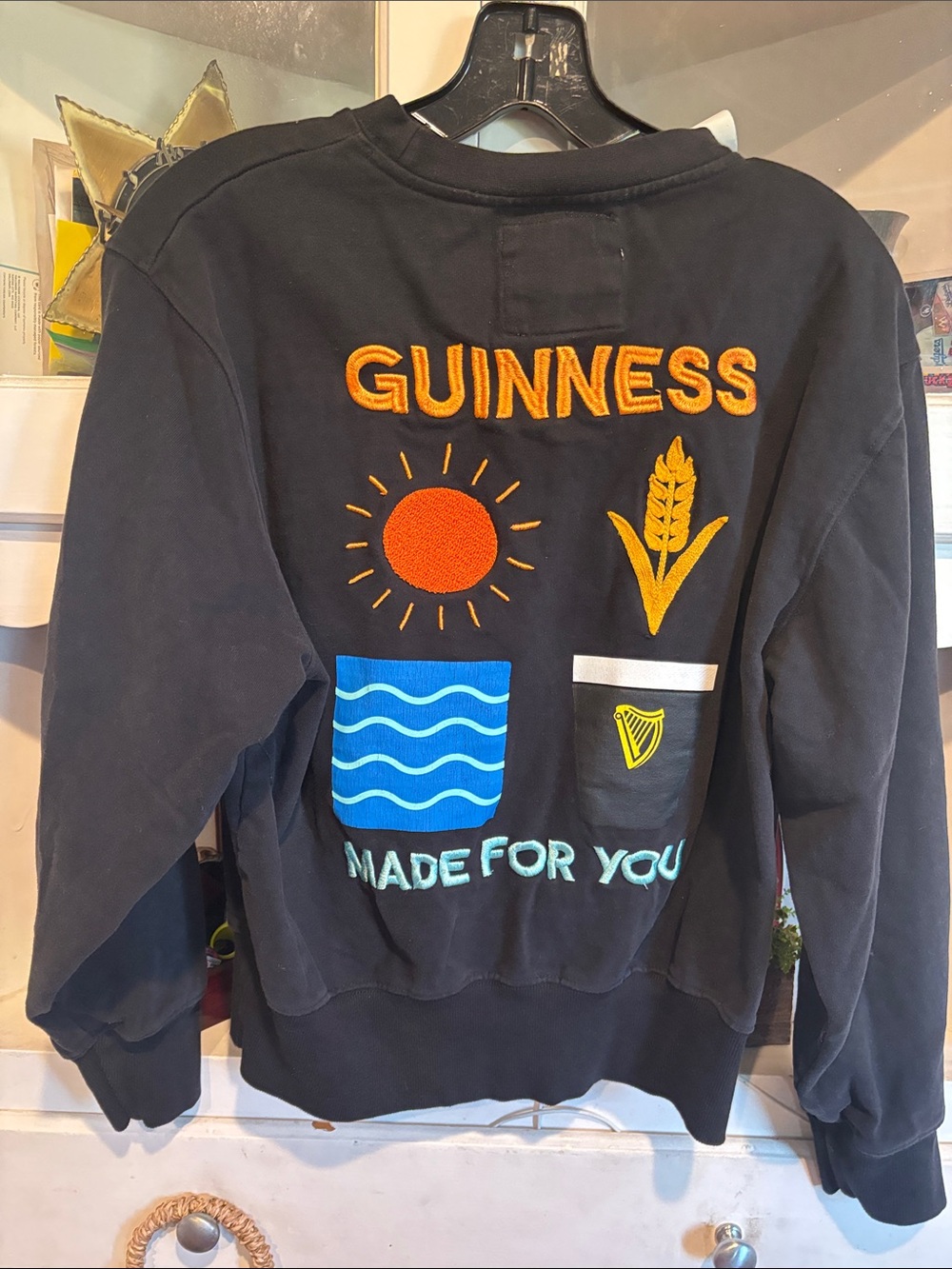 Rare Guinness Black Crewneck Sweatshirt with Embroidered Graphics